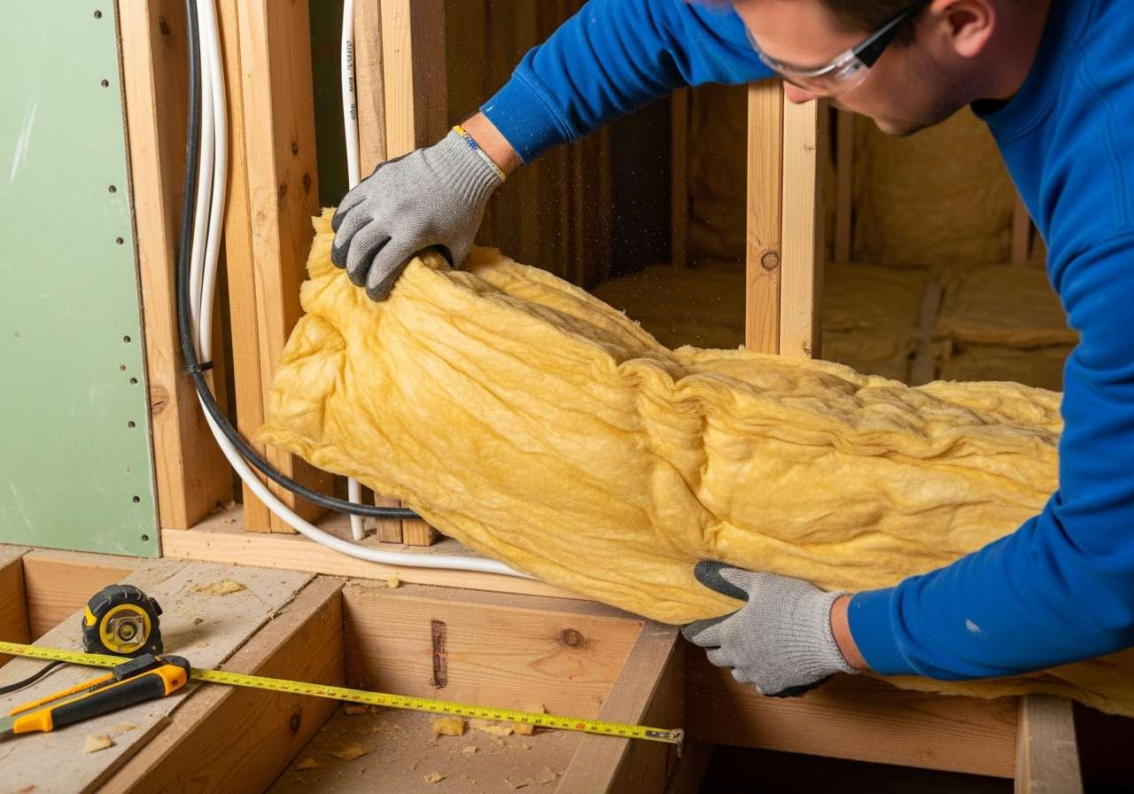 Technician installing fiberglass insulation into wall cavities for soundproofing.